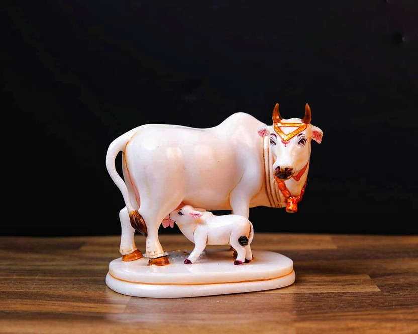 JP CRAFT cow calf statue in marble dust resin handmade Decorative Showpiece - 10.3 cm (Polyresin, White)
