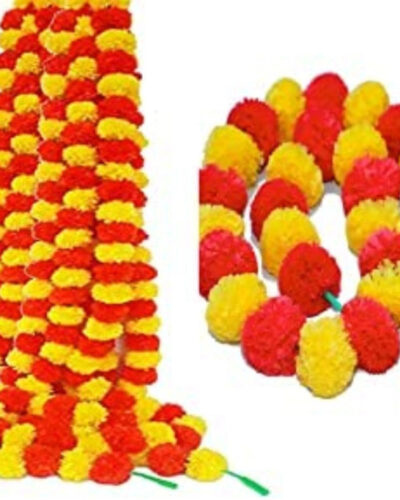Fashion Bizz Artificial Flowers Home Decoration Yellow, Orange Marigold Artificial Flower (55 cm, Pack of 5, Garlands)