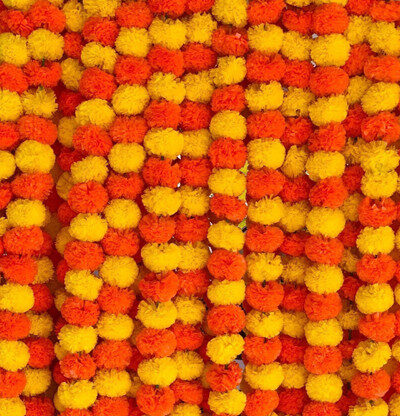 OUTRANK Artificial flowers Home Decoration Diwali puja Temple Multicolor Marigold Artificial Flower (60 cm, Pack of 5, Garlands)