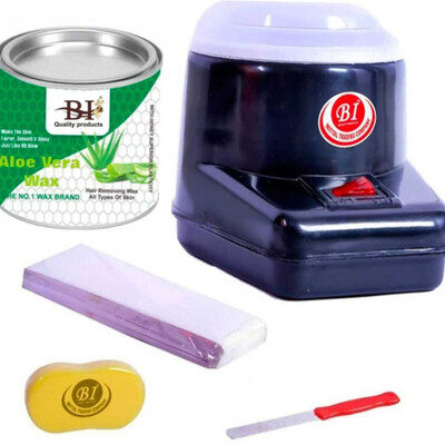 BI - QUALITY PRODUCT THE ALOEVERA WAX COMBO WITH BLACK WAX HEATER , 600G ALOEVERA WAX , 70 WAX STRIPS , 1 WAX KNIFE , 1 BATH SPONGE Wax (500 g, Set of 5)