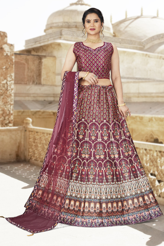 Printed Stitched Lehenga Choli (Maroon)