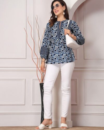 Women Floral Print Pure Cotton A-line Kurta (Dark Blue)
