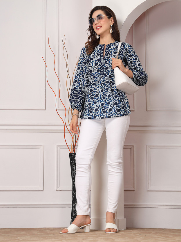 Women Floral Print Pure Cotton A-line Kurta (Dark Blue)