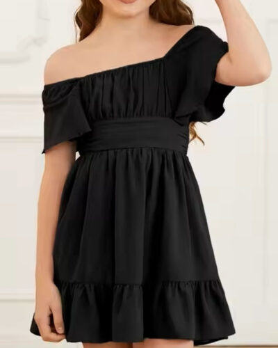 Girls Midi/Knee Length Casual Dress (Black, Short Sleeve)