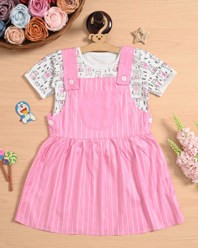 Girls Calf Length Casual Dress (Pink, Short Sleeve)