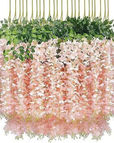 Satyam Kraft 6 pcs Artificial Wisteria Hanging Flowers for Home Decoration and Craft Pink Westeria Artificial Flower (110 cm, Pack of 6, Garlands)