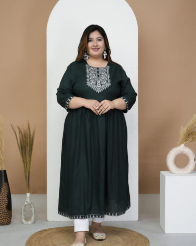Women Embroidered Viscose Rayon A-line Kurta (Dark Green)