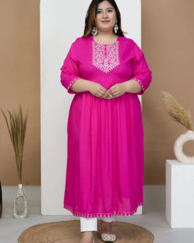 Women Embroidered Viscose Rayon Flared Kurta (Pink)