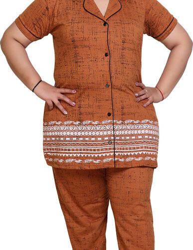 Women Night Suit Set Brown Printed