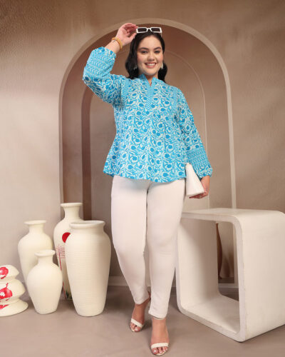Women Printed Pure Cotton Straight Kurta (Light Blue)
