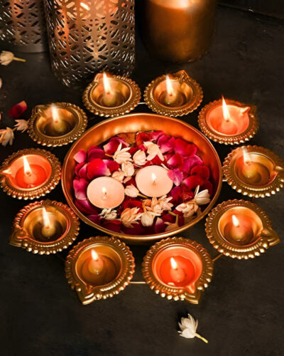 DESIGNSUPERIOR Urli Bowl for Home Handcrafted Bowl for Floating Flowers Diwali Decoration Iron Decorative Platter (Gold)
