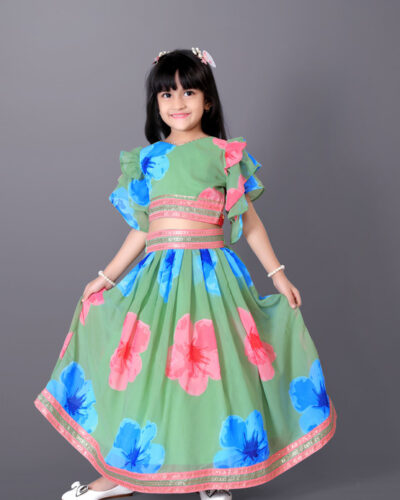 Girls Lehenga Choli Party Wear Floral Print Ghagra Choli (Green, Pack of 1)
