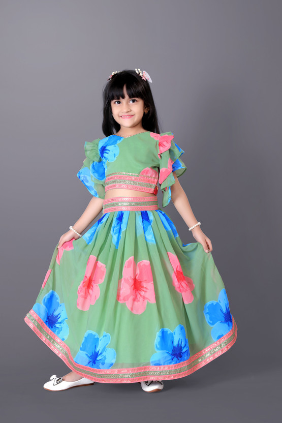 Girls Lehenga Choli Party Wear Floral Print Ghagra Choli (Green, Pack of 1)
