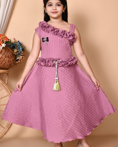 Girls Calf Length Party Dress (Pink, Sleeveless)