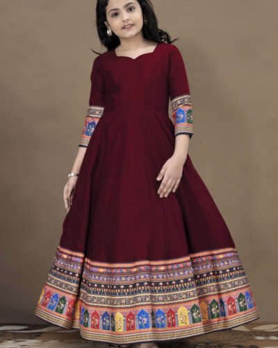Girls Maxi/Full Length Festive/Wedding Dress (Maroon, 3/4 Sleeve)