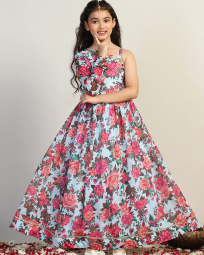 Girls Maxi/Full Length Festive/Wedding Dress (Light Blue, Full Sleeve)