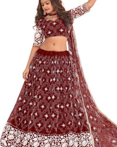 Girls Lehenga Choli Ethnic Wear Embroidered Lehenga, Choli and Dupatta Set (Maroon, Pack of 1)