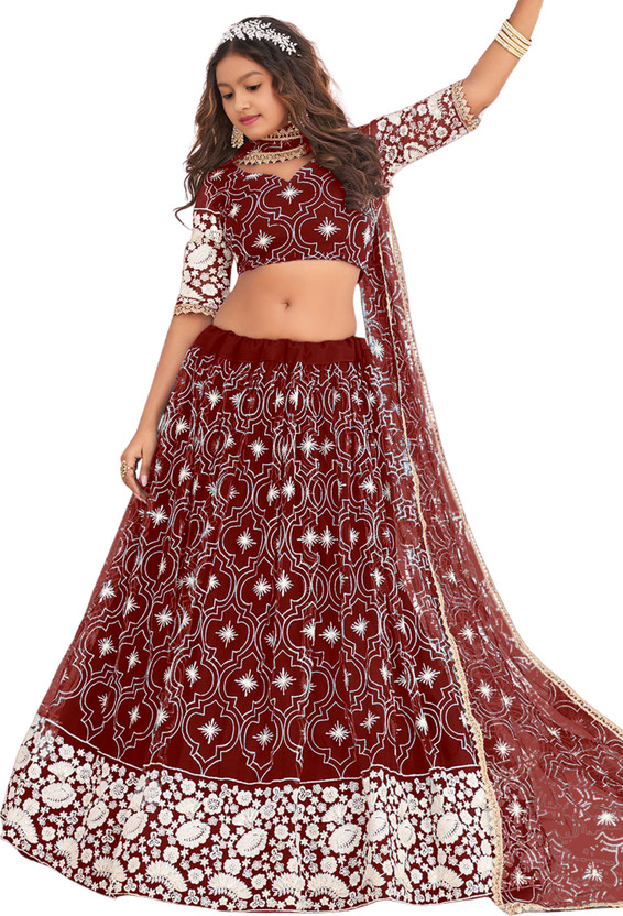 Girls Lehenga Choli Ethnic Wear Embroidered Lehenga, Choli and Dupatta Set (Maroon, Pack of 1)
