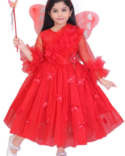 Girls Calf Length Festive/Wedding Dress (Red, Cap Sleeve)