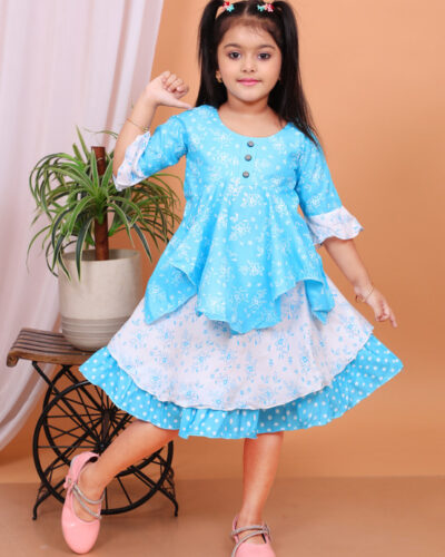 Girls Below Knee Festive/Wedding Dress (Light Blue, Half Sleeve)