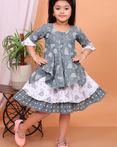 Girls Below Knee Festive/Wedding Dress (Grey, 3/4 Sleeve)