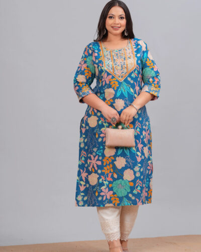 Women Embroidered Pure Cotton Straight Kurta (Blue)