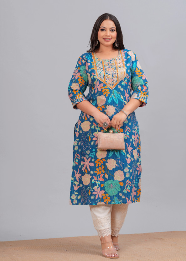Women Embroidered Pure Cotton Straight Kurta (Blue)