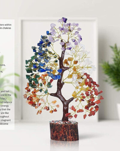 NAVIBHA Seven Chakra Crystal Gemstone Bonsai Money Tree Golden Wire 300 Beads Figurine Decorative Showpiece - 27.8 cm (Stone, Copper, Gold, Multicolor)