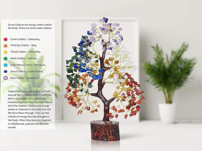 NAVIBHA Seven Chakra Crystal Gemstone Bonsai Money Tree Golden Wire 300 Beads Figurine Decorative Showpiece - 27.8 cm (Stone, Copper, Gold, Multicolor)