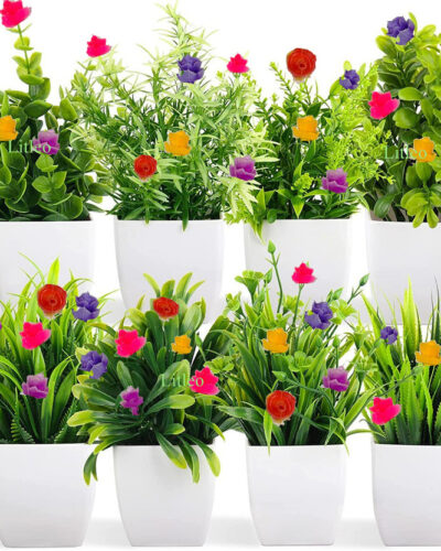 Litleo mix design flower for home office gift Multicolor Eucalyptus Artificial Flower with Pot (14 cm, Pack of 8, Flower with Basket)