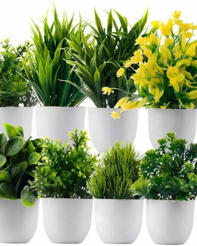 Ryme Set Of 8 Artificial Plants With Pot/Vase For Home Decoration Bonsai Wild Artificial Plant with Pot (14 cm, Green)
