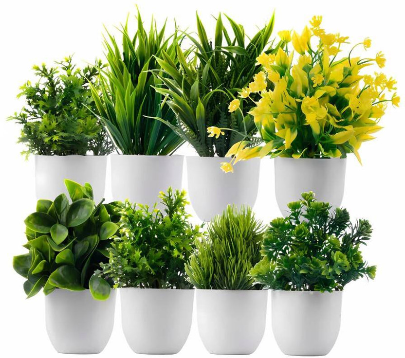 Ryme Set Of 8 Artificial Plants With Pot/Vase For Home Decoration Bonsai Wild Artificial Plant with Pot (14 cm, Green)
