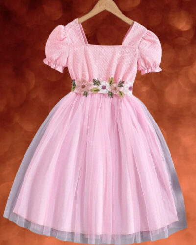 Girls Midi/Knee Length Party Dress (Pink, Short Sleeve)