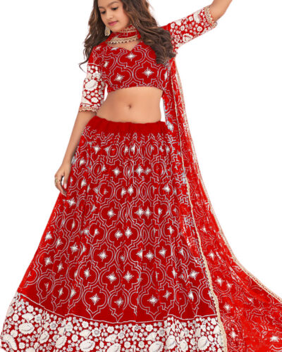 Girls Lehenga Choli Ethnic Wear Embroidered Lehenga, Choli and Dupatta Set (Red, Pack of 1)