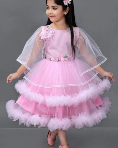 Baby Girls Below Knee Festive/Wedding Dress (Pink, Fashion Sleeve)