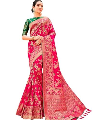 Monjolika Fashion Women's Banarasi Silk Blend Woven Zari With Tussles Saree and Jacquard Woven Blouse Piece (37765 color)