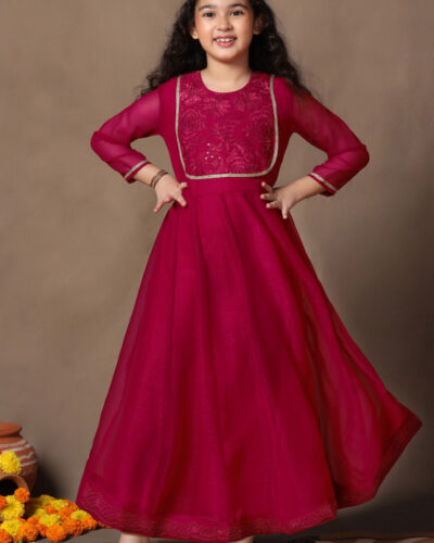 Girls Maxi/Full Length Festive/Wedding Dress (Pink, 3/4 Sleeve)
