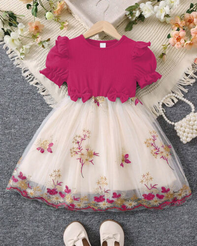 Girls Maxi/Full Length Festive/Wedding Dress (Pink, Short Sleeve)