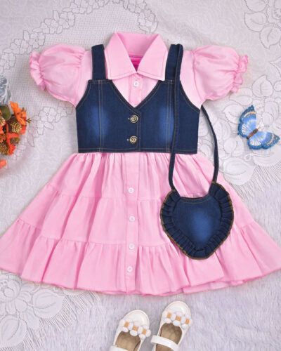 Girls Below Knee Festive/Wedding Dress (Pink, Half Sleeve)