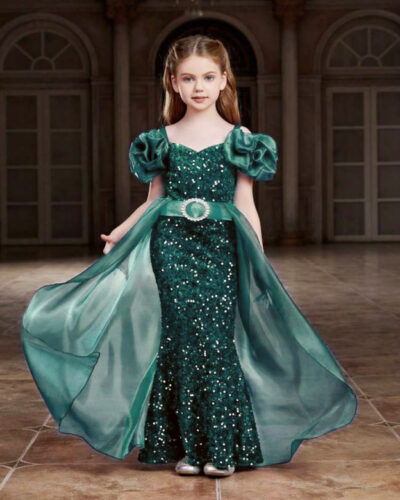 Girls Maxi/Full Length Party Dress (Green, Fashion Sleeve)