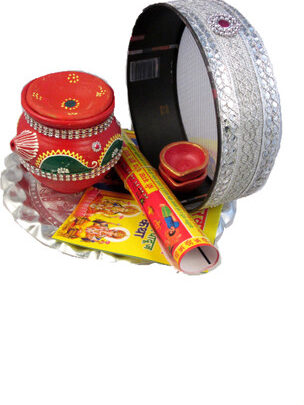 SUNINOW Karwa chauth pooja thali set|karwachauth thali set |karwa chauth thali Silver Plated (7 Pieces, Multicolor)