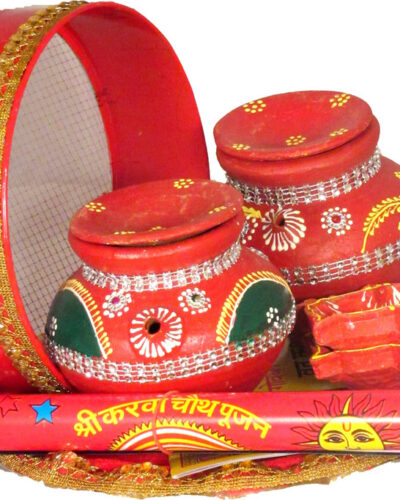 SUNINOW Suninow Terracotta karwa with Karwachauth thali | karwachauth pooja thali set Silver Plated (8 Pieces, Red)