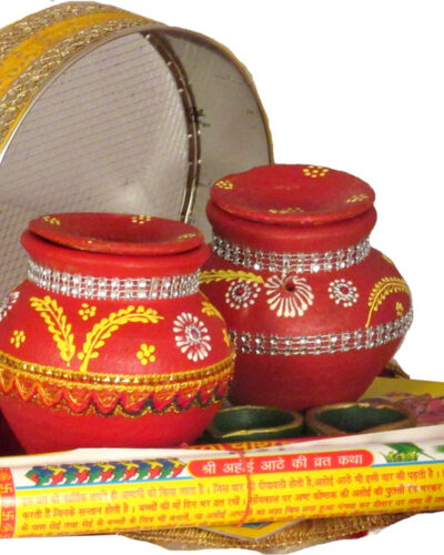 SUNINOW Karwa chauth and ahoi ashtami pooja thali set|karwachauth thali set |karwa chauth thali Terracotta (8 Pieces, Yellow, Maroon, Red)
