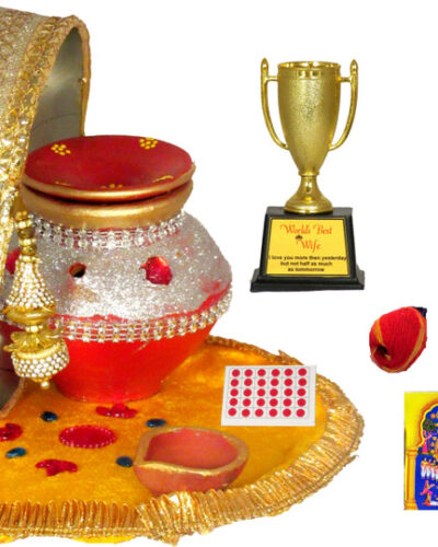 SUNINOW silver color Karwa chauth pooja thali set with trophy for wife |karwachauth thali set |karwa chauth thali Terracotta (8 Pieces, Silver)