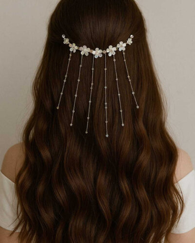 SNEnterprise Floral Crystal Cascade Hair Chain Brooch (Silver, White)