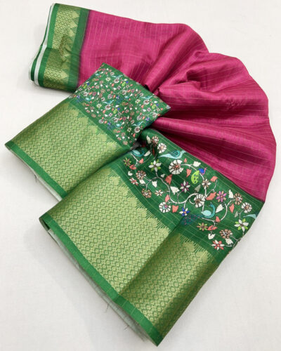 Printed Hand Batik Cotton Silk Saree (Pink, Green)