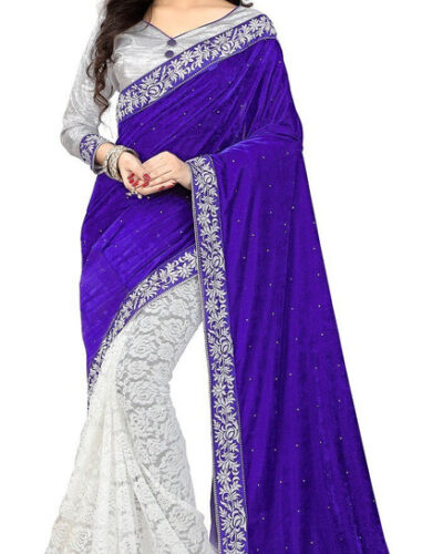 Embroidered Bollywood Velvet, Cotton Blend Saree (Blue)
