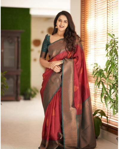 Woven, Solid/Plain Kanjivaram Cotton Silk, Pure Silk Saree (Red)