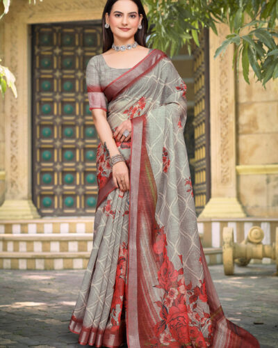 Digital Print Bollywood Cotton Linen Saree (Grey, Brown)