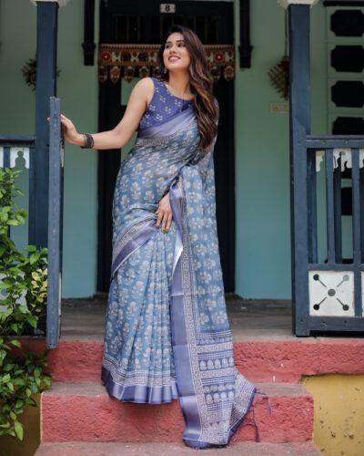 Ready to Wear Digital Print Kalamkari Linen Saree (Multicolor)